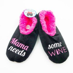 NWT Snoozies Women's Mama Needs Some Wine Non Skid Soles Medium 7/8 Black
